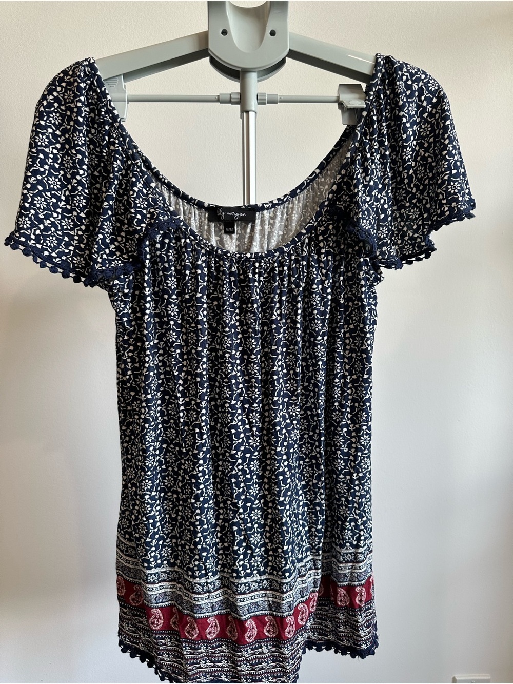 Navy Floral Off-Shoulder Jersey Top with Red Border  -New never worn